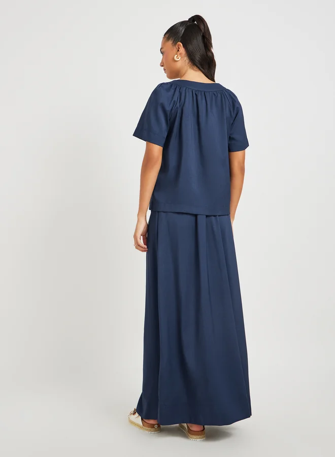 Take Two Solid Button Front Short Sleeve Top and Skirt Co-Ords