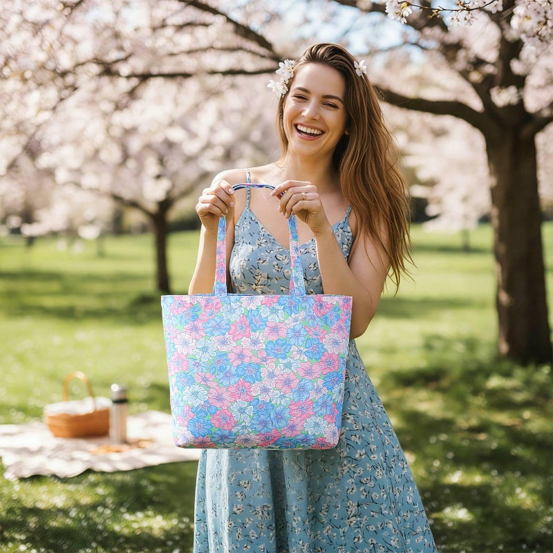 SilTriangle 8 Pcs Cute Floral Tote Bag Bulk Reusable Floral Bridesmaid Tote Grocery Cloth Handbags Aesthetic Flower Shopping Shoulder Valentine Wedding Gift Bags for Women - Image 3