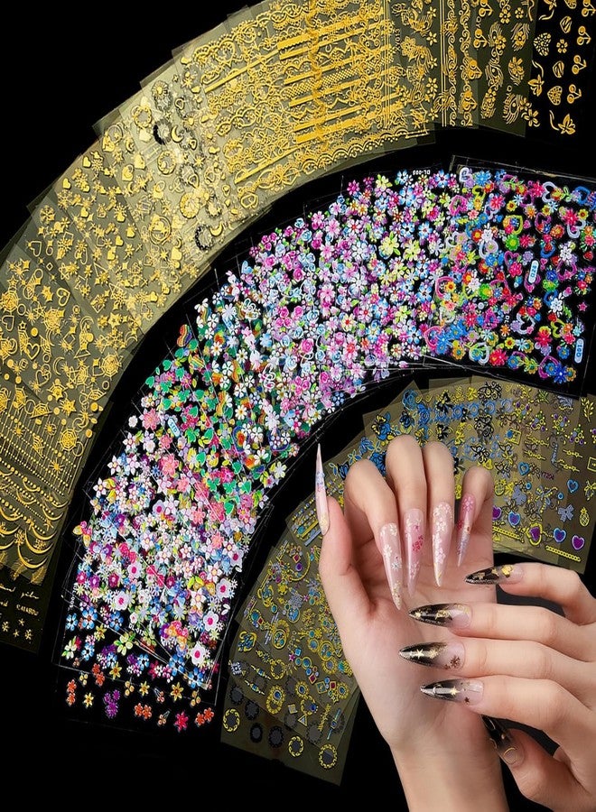 Scheibe 3D Nail Art Stickers, Golden White and Multicolor, 15 Sheets, Acrylic Material, Glossy Finish, Celestial Moon Star Smiley Face Geometric Designs - Image 1