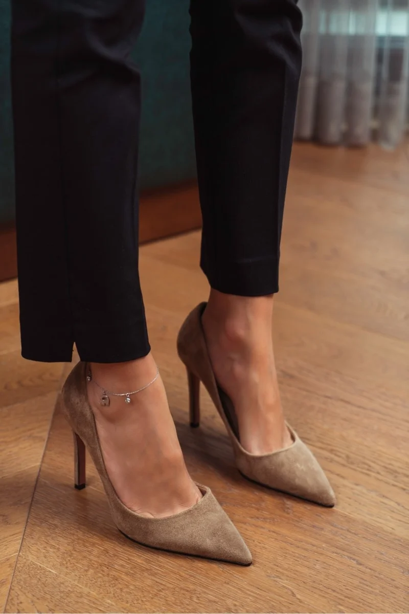 Nişantaşı Shoes Vanessa Dark Beige Suede Pointed Toe Women's Stiletto