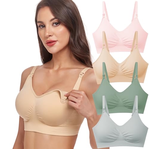 GXXGE 4Pack Womens Seamless Clip Down Maternity and Nursing Bra Push Up Sleeping Bralette for Breastfeeding Underwear Alice Blue Fair Green Pink Beige Large - Image 1