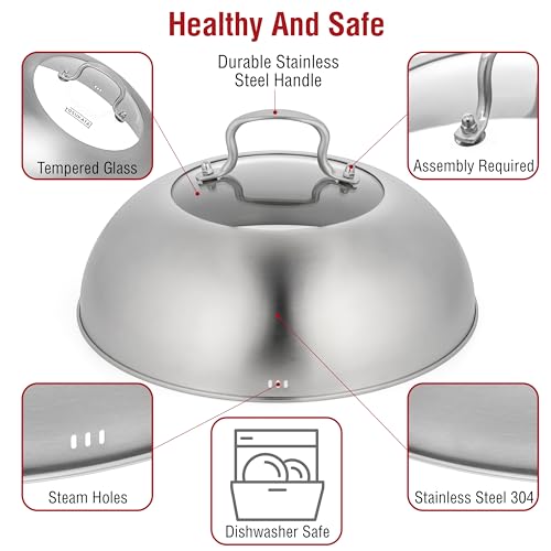 YOSUKATA Wok Lid 11.4 In - Premium Stainless Wok Cover with Tempered Glass Insert Steam Holes and Ergonomic Handle - Durable Wok Accessories - Dishwasher-Safe Lid for 11.8-In Wok - Chees Melting Dome - Image 2