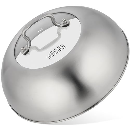 YOSUKATA Wok Lid 11.4 In - Premium Stainless Wok Cover with Tempered Glass Insert Steam Holes and Ergonomic Handle - Durable Wok Accessories - Dishwasher-Safe Lid for 11.8-In Wok - Chees Melting Dome - Image 1