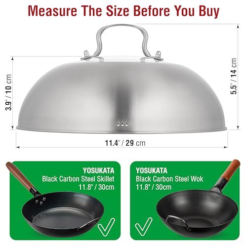 YOSUKATA Wok Lid 11.4 In - Premium Stainless Wok Cover with Tempered Glass Insert Steam Holes and Ergonomic Handle - Durable Wok Accessories - Dishwasher-Safe Lid for 11.8-In Wok - Chees Melting Dome - Image 3