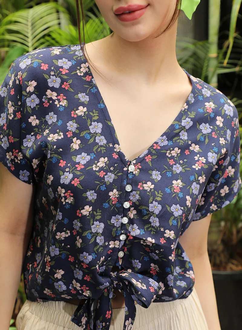 PINACOLADA Women's Navy Blue Button-Front Floral Top