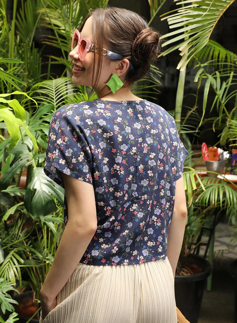 PINACOLADA Women's Navy Blue Button-Front Floral Top
