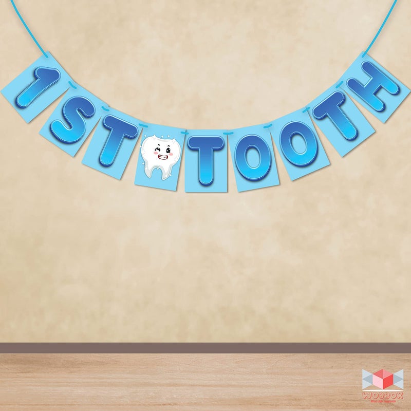WOBBOX أدوات حفلة صور ووبوكس للأسنان الأولى (13 قطعة) مع لافتة أسنان أولى، تدرج لون أزرق مع خط أنيق، زينة الأسنان الأولى، عناصر زينة الأسنان الأولى للرضع - Image 4