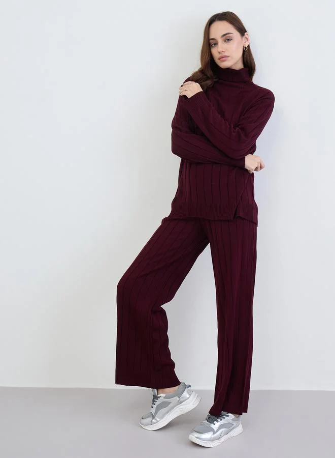 ستايلي طقم سويتر محبوك طويل خمري مع بنطال