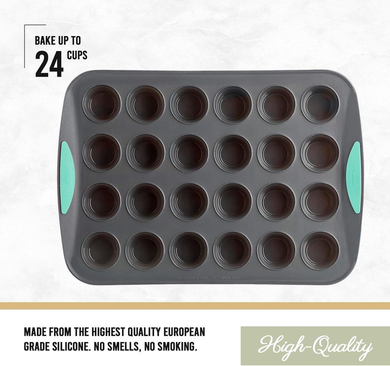 Trudeau 24-Cup Silicone Muffin Pan – Hybrid Non-Stick Bakeware with Steel Frame, Flexible Silicone with Hard Lining to Hold Shape, BPA-Free, Dishwasher Safe, Heat Safe to 428°F, Grey/Mint - Image 3