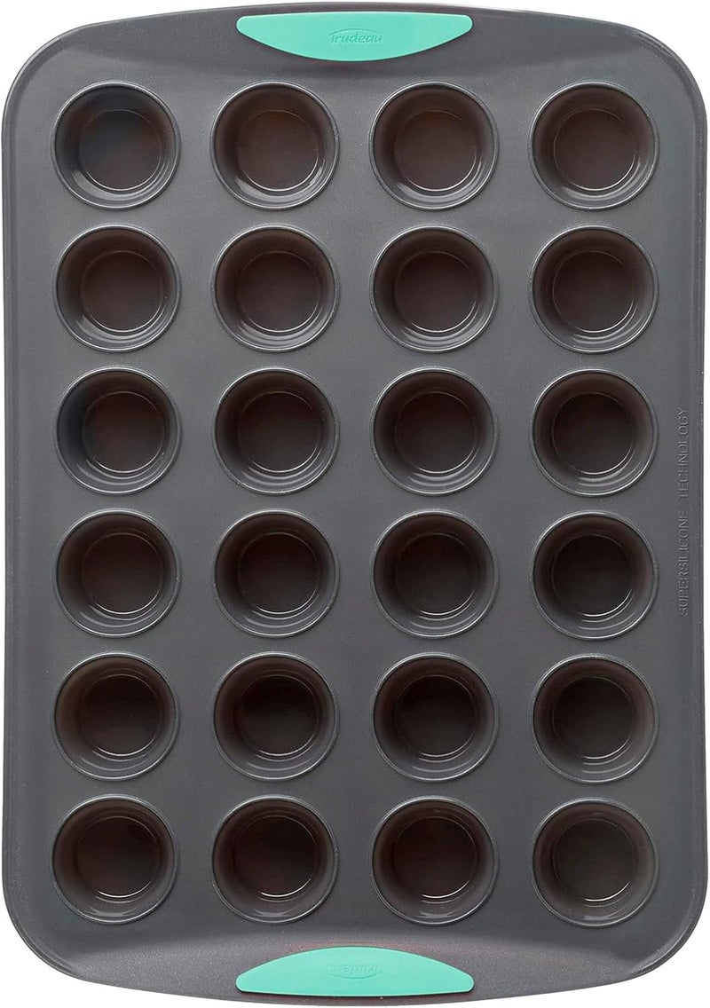 Trudeau 24-Cup Silicone Muffin Pan – Hybrid Non-Stick Bakeware with Steel Frame, Flexible Silicone with Hard Lining to Hold Shape, BPA-Free, Dishwasher Safe, Heat Safe to 428°F, Grey/Mint - Image 1