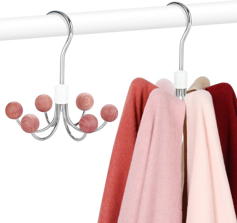 SYOSI Belt Hanger, Rotatable Closet Organizer with 6 Cedar Balls, 360° Swivel Storage Hooks for Belts, Bras, Scarves, Tank Tops, Ties, Purses, Handbags, and Accessories, Silver, 2 Pack - Image 1