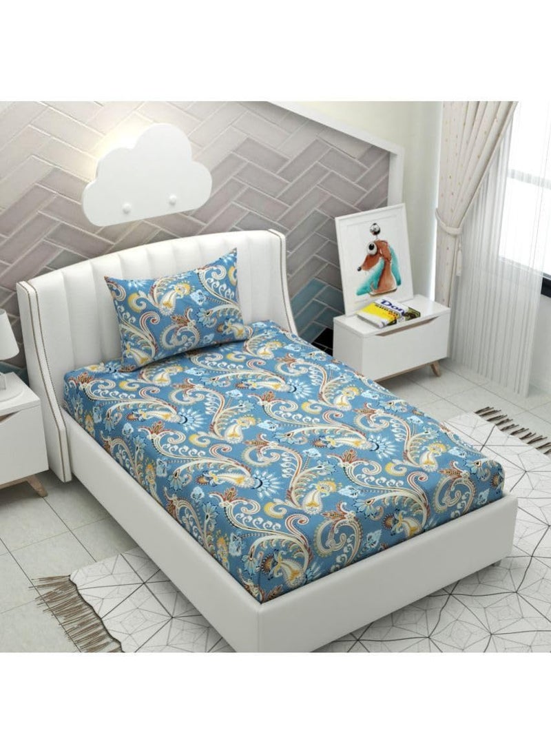 Generic Premium Cotton Single Size Elastic Fitted Bedsheet Fitted Bedsheet Cotton Feel 180 TC All Around Elastic Fitted Bedsheets Single Size Bed with 2 Pillow Covers Size 60 x908 BlueMulti  - Image 1
