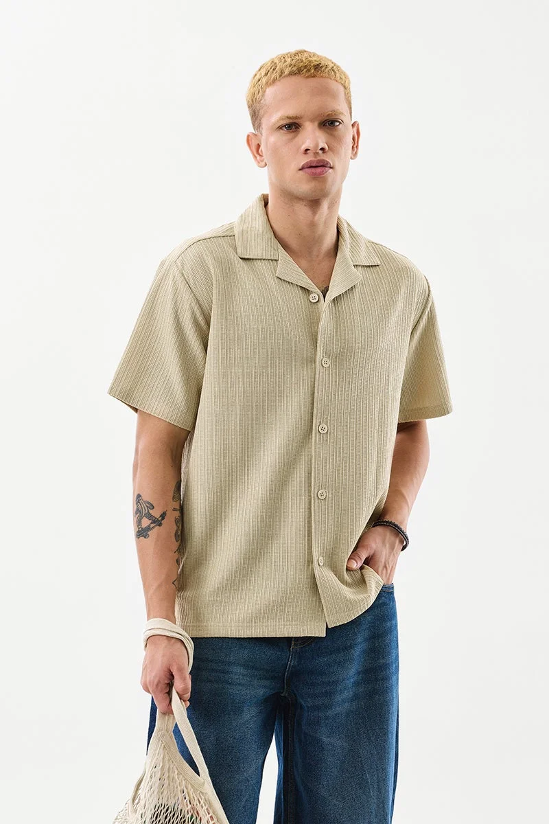 SNITCH Beige Textured Short Sleeve Boxy Shirt