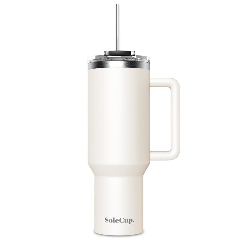 SoleCup 40oz Travel Mug with Handle Lid and Two Straws Drinks Stay Hot for 8 Hours Cold for 24 Hours Double Wall Vacuum Insulated Stainless Steel Tumbler Cream 40oz