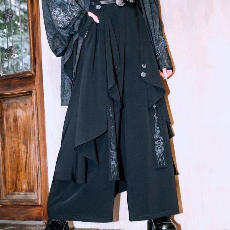 New Chinese Retro Laminated Yaoji Yamamoto Style Irregular Stitching Fake Two-Piece Wide-Leg Culottes Loose Trousers Pant Skirt - Image 4