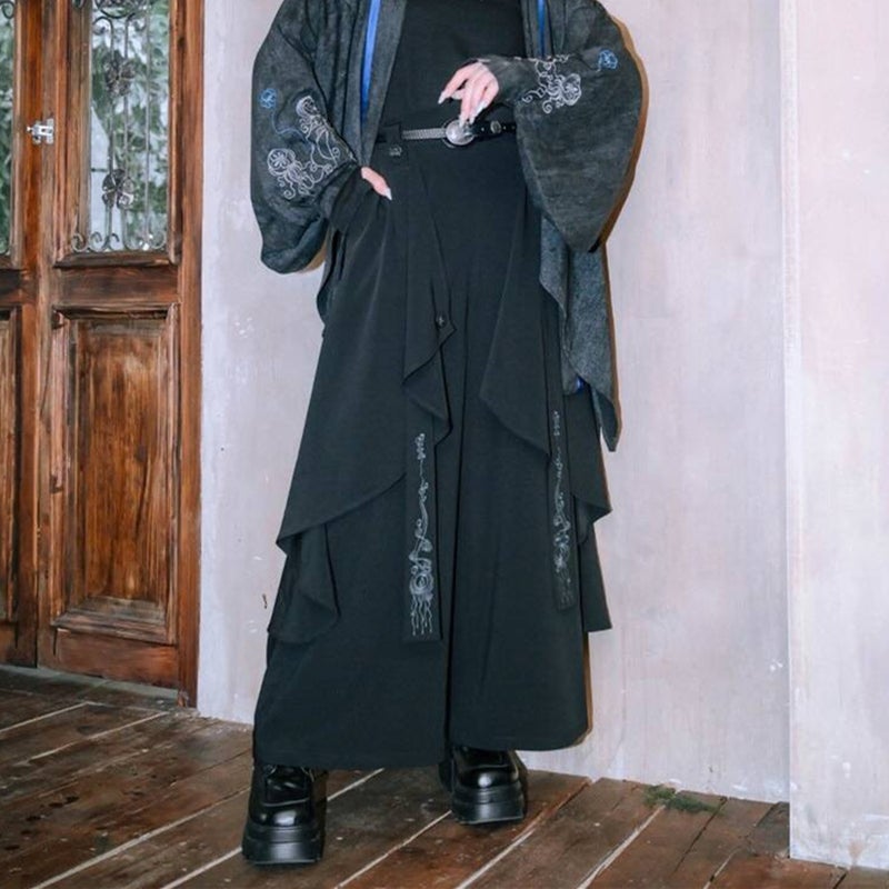 New Chinese Retro Laminated Yaoji Yamamoto Style Irregular Stitching Fake Two-Piece Wide-Leg Culottes Loose Trousers Pant Skirt - Image 5