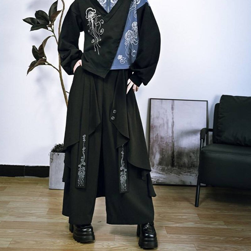 New Chinese Retro Laminated Yaoji Yamamoto Style Irregular Stitching Fake Two-Piece Wide-Leg Culottes Loose Trousers Pant Skirt - Image 2
