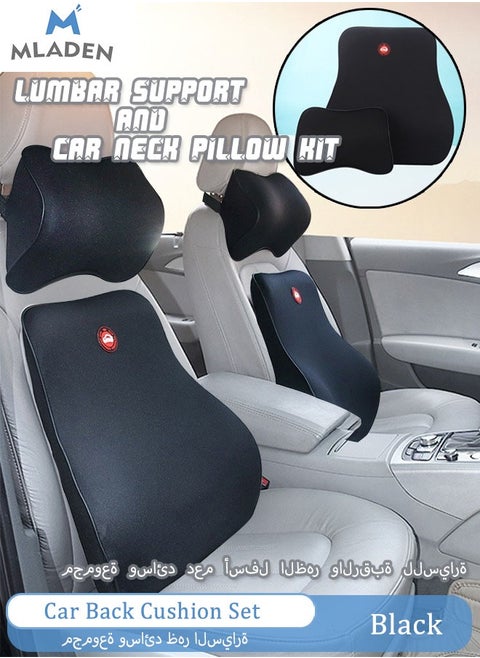 Car Back Cushion Lumbar Support and Car Neck Pillow Kit Memory Foam Ergonomic Seat Cushion for Lower Back Support Cervical Headrest with Adjustable Strap Black