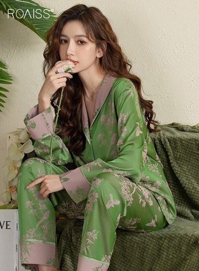 roaiss Women's Elegant Floral Print Pajama Set Soft Long Sleeve Button up Top and Pants, Comfortable and Breathable for Home Wear, Machine Washable Loungewear - Image 2