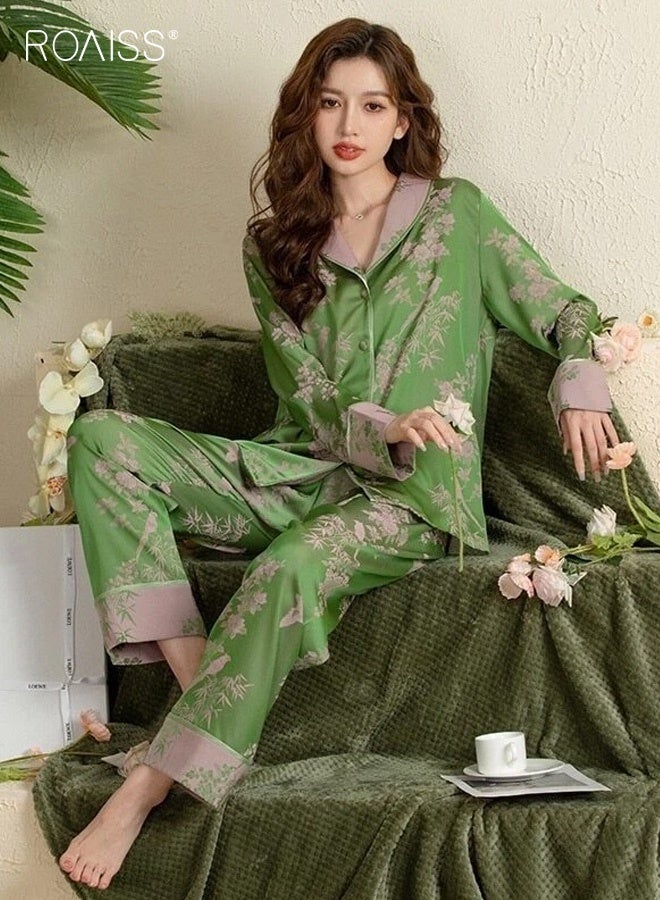 roaiss Women's Elegant Floral Print Pajama Set Soft Long Sleeve Button up Top and Pants, Comfortable and Breathable for Home Wear, Machine Washable Loungewear - Image 3