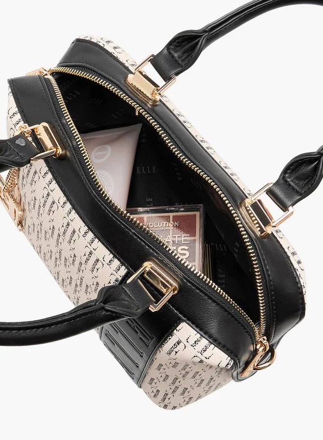 ELLE Women's Monogram Print Bowler Bag with Double Handle and Zip Closure
