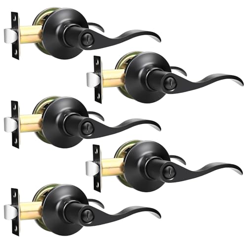 GOBEKOR 5 Pack Black Door Handle with Lock, Matte Black Interior Door Handles Keyless for Bedroom Bathroom Privacy Door Levers Black Bedroom Door Handles Set - Image 1