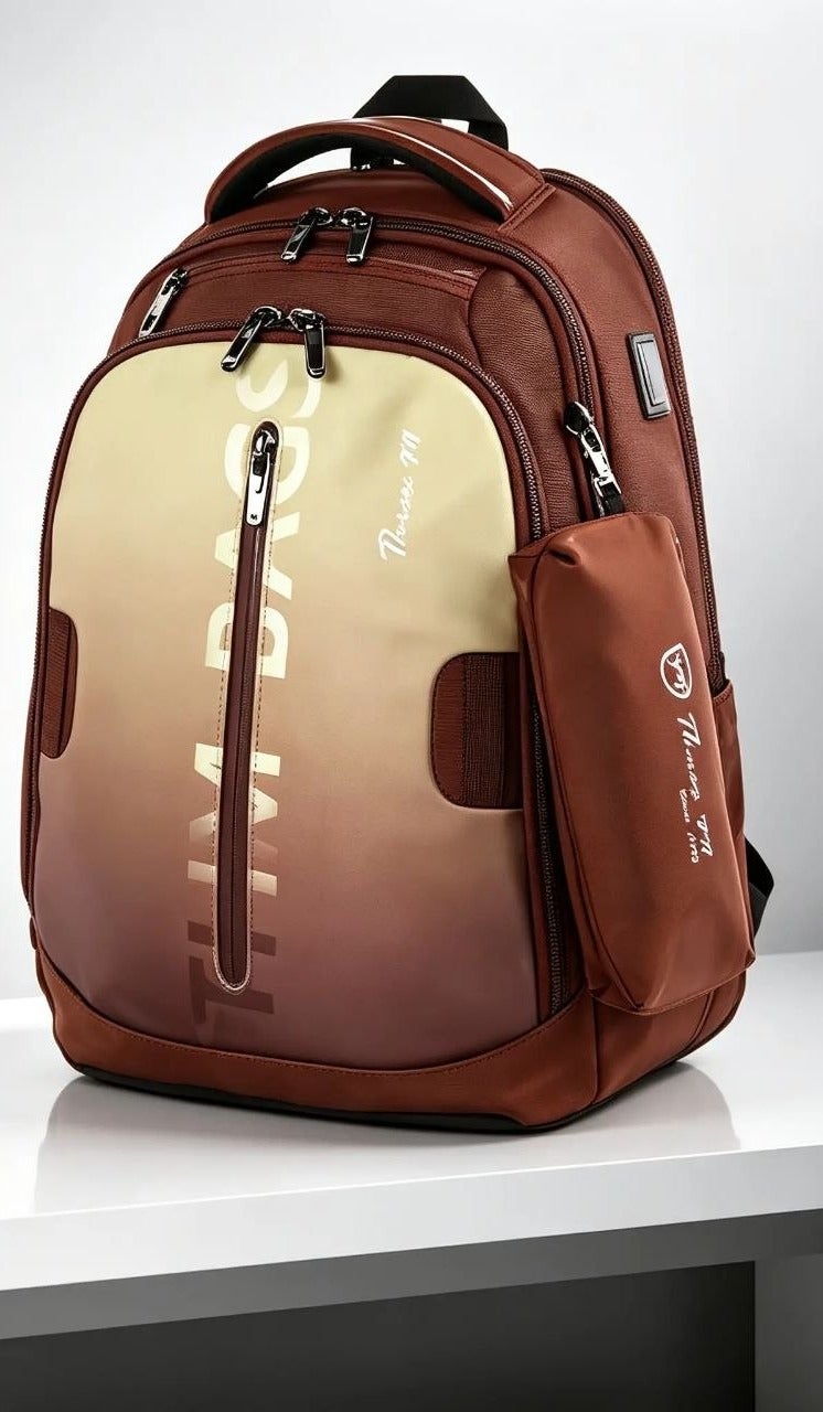 Three M Unisex Backpack With Pencil Case 5-Zip And Type-C Port Brown/Beige Gradient - Image 1