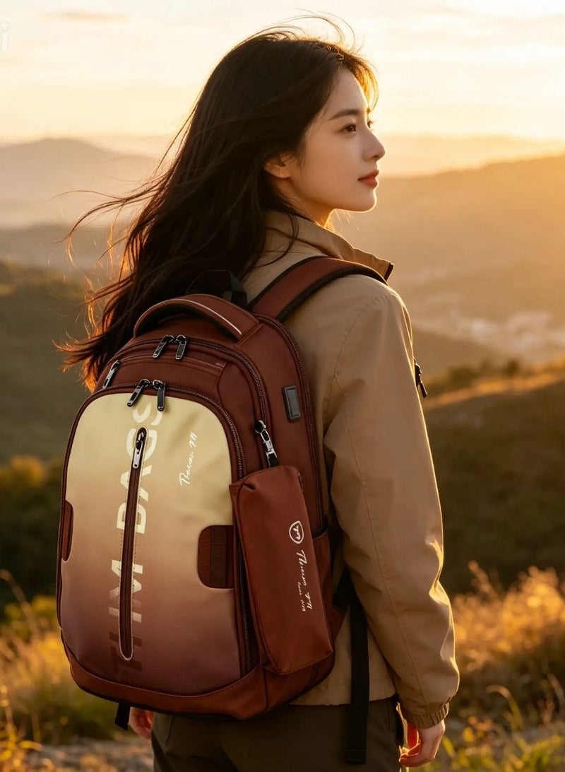 Three M Unisex Backpack With Pencil Case 5-Zip And Type-C Port Brown/Beige Gradient - Image 2