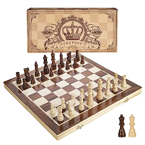 AMEROUS 15 Inches Magnetic Wooden Chess Set  2 Extra Queens  Folding Board  Pieces Storage Slots Handmade Portable Travel Chess Game  Beginner Chess Set for Kids 6 up Age - Image 1
