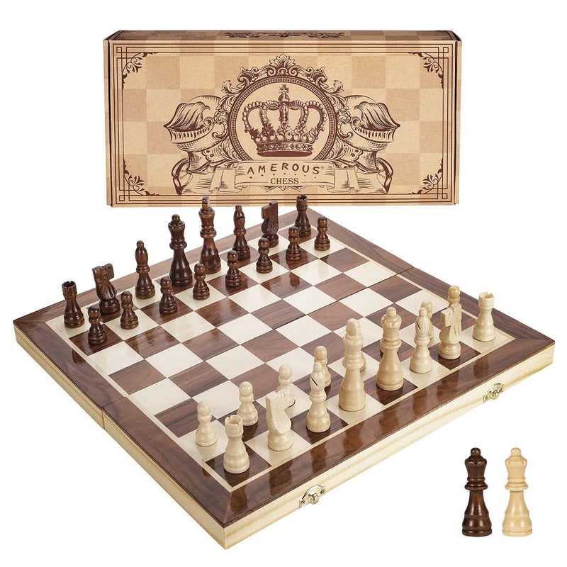 AMEROUS 15 Inches Magnetic Wooden Chess Set  2 Extra Queens  Folding Board  Pieces Storage Slots Handmade Portable Travel Chess Game  Beginner Chess Set for Kids 6 up Age - Image 2