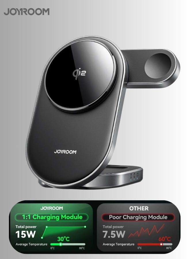JOYROOM Qi2 3 in 1 Magnetic Wireless Fast Charger 15W – Foldable Design, MagSafe Alignment, Intelligent Safety Protection for iPhone 17/16/15/14/13/12, AirPods 3/4, AirPods Pro/Pro 2, Apple Watch Series - CE CERTIFIED Black - Image 1