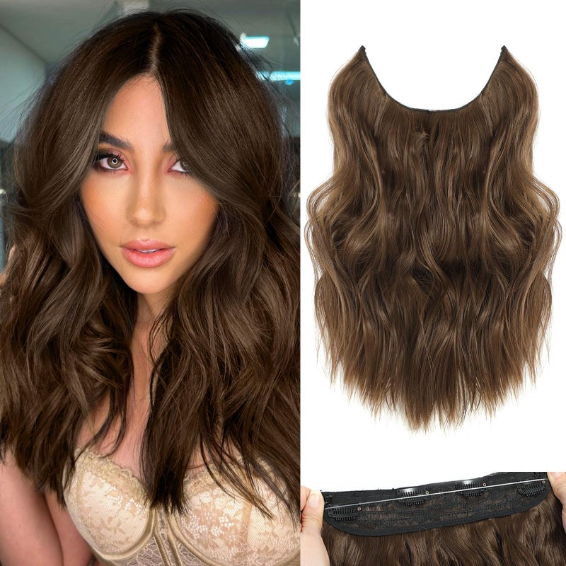 BUPPLER Halo Hair Extensions 12 Inch Invisible Wire Hair Extensions Adjustable Long Wavy Hairpiece Synthetic Upgrade 4 Secure Clips in Hairpieces 12 InchChestnut Brown