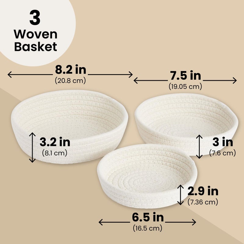 Juvale Small Round Cotton Rope Storage Baskets - Nesting Storage Bin Pack - Cotton Woven Basket for Home Organizing - White, Pack of 3, 6.5 x 2.9 in/7.5 x 3 in/8.2 x 3.2 in - Image 4
