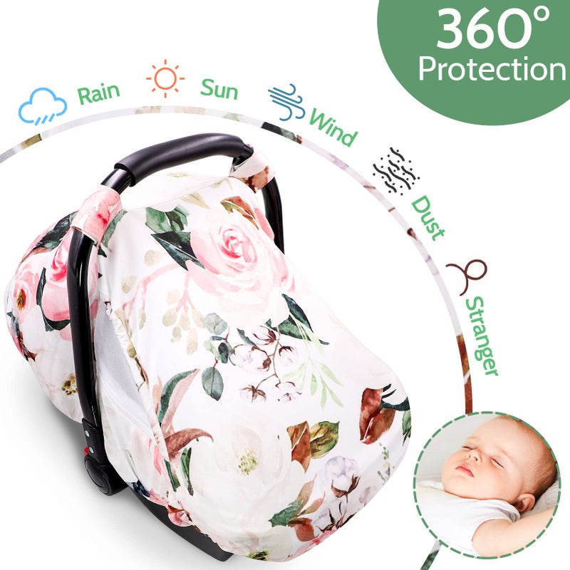 DILIMI Car Seat Covers for Babies Girl Boy, Cozy Sun & Bug Cover, Infant Carseat Canopy Newborn Stroller Carrier Cover with Breathable Zipper Peep Window, Watercolor Pink Flower - Image 2