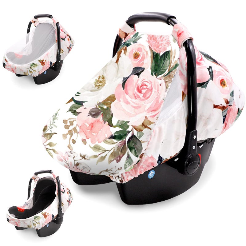 DILIMI Car Seat Covers for Babies Girl Boy, Cozy Sun & Bug Cover, Infant Carseat Canopy Newborn Stroller Carrier Cover with Breathable Zipper Peep Window, Watercolor Pink Flower - Image 1
