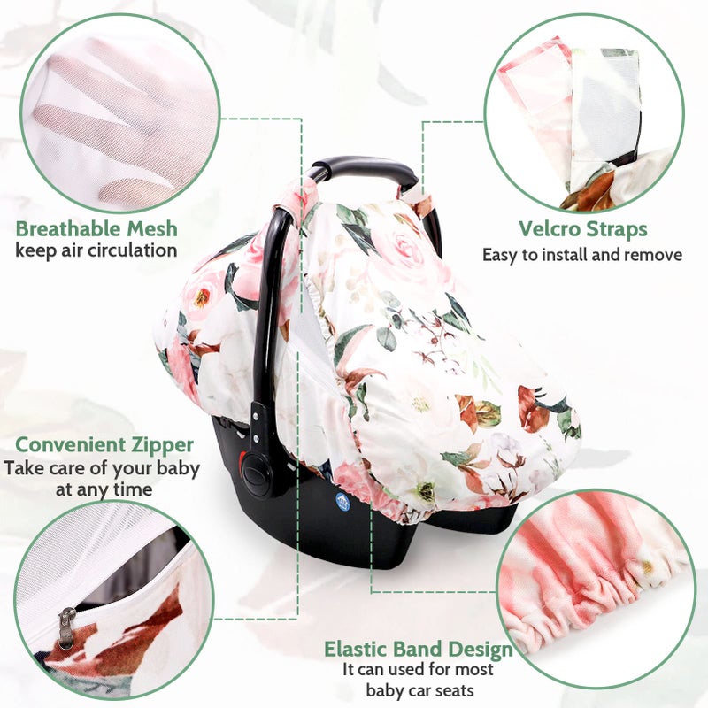 DILIMI Car Seat Covers for Babies Girl Boy, Cozy Sun & Bug Cover, Infant Carseat Canopy Newborn Stroller Carrier Cover with Breathable Zipper Peep Window, Watercolor Pink Flower - Image 3