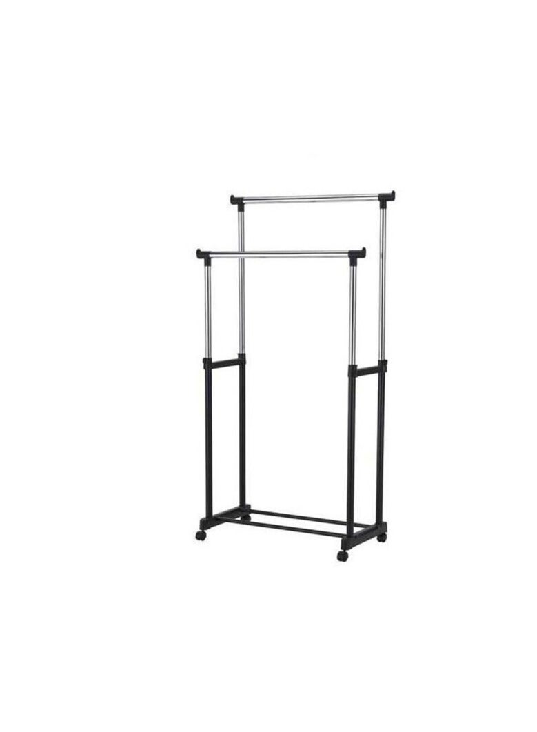 PROMASS Cloth Rack 2 Pole, Metal Black Double Pole Telescopic Clothes Hanger Black  - Image 1