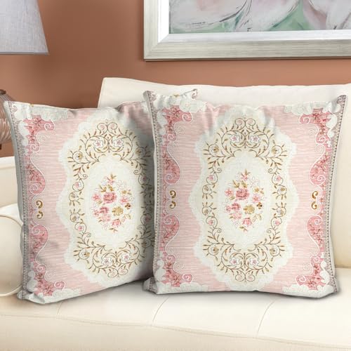 BUAEL Boho Floral Throw Pillow Covers 18x18 inch Set of 2,Pink Boho Rug Geometric Floral Pattern Decor Double Sided Pattern Cushion Cover Soft Pillow Case Living Sofa Room Bed Square Pillow Cover - Image 1