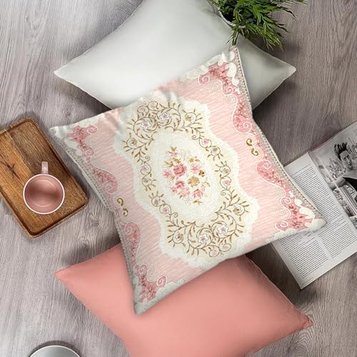 BUAEL Boho Floral Throw Pillow Covers 18x18 inch Set of 2,Pink Boho Rug Geometric Floral Pattern Decor Double Sided Pattern Cushion Cover Soft Pillow Case Living Sofa Room Bed Square Pillow Cover - Image 4