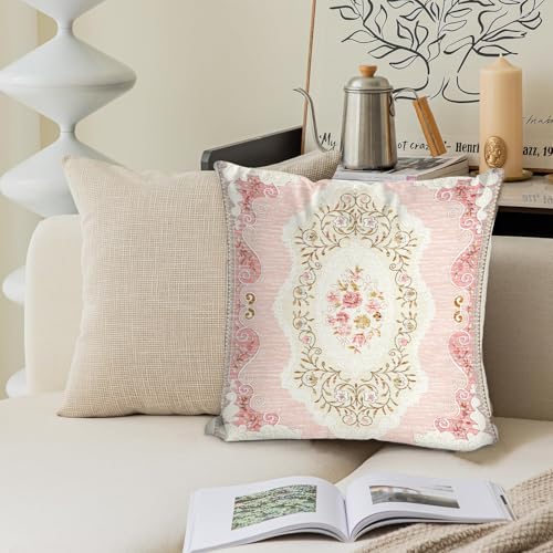 BUAEL Boho Floral Throw Pillow Covers 18x18 inch Set of 2,Pink Boho Rug Geometric Floral Pattern Decor Double Sided Pattern Cushion Cover Soft Pillow Case Living Sofa Room Bed Square Pillow Cover - Image 5
