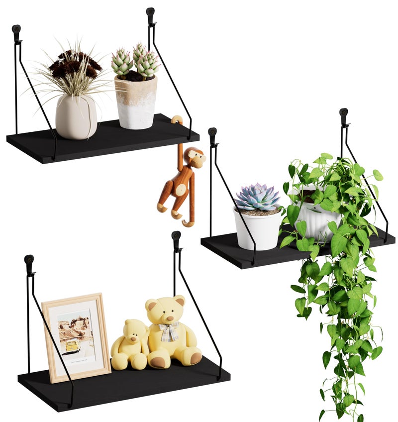 QsQueen Elevate Your Space with Rustic Wood Floating Shelves Set of 3- Perfect for Bedroom, Living Room, Bathroom, and Kitchen Decor - Easy Installation, No Drilling Needed! Black - Image 1