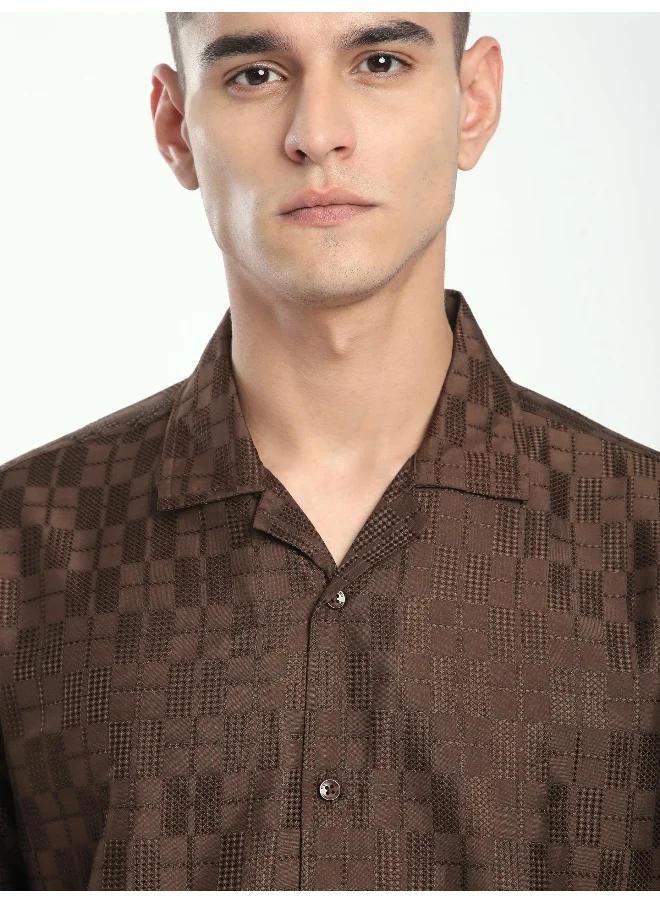 Beyoung Brown Jacquard Cuban Shirt