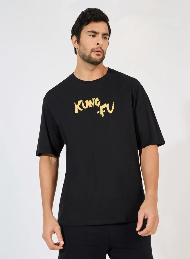 Styli Kung Fu Panda Character Front and Back Print Oversized T-Shirt