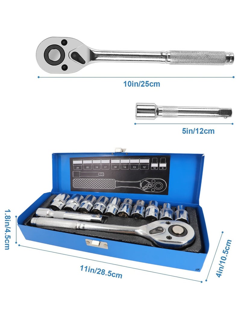 BOSS LIFE STYLE - Metric 1/2'' Drive Socket Set, 12pcs Ratchet Wrench Tool Set, 10pcs 10-24mm Metric Driver with 5'' Extension Bar and 1/2'' Quick Release Ratchet Wrench Iron Box - Image 1
