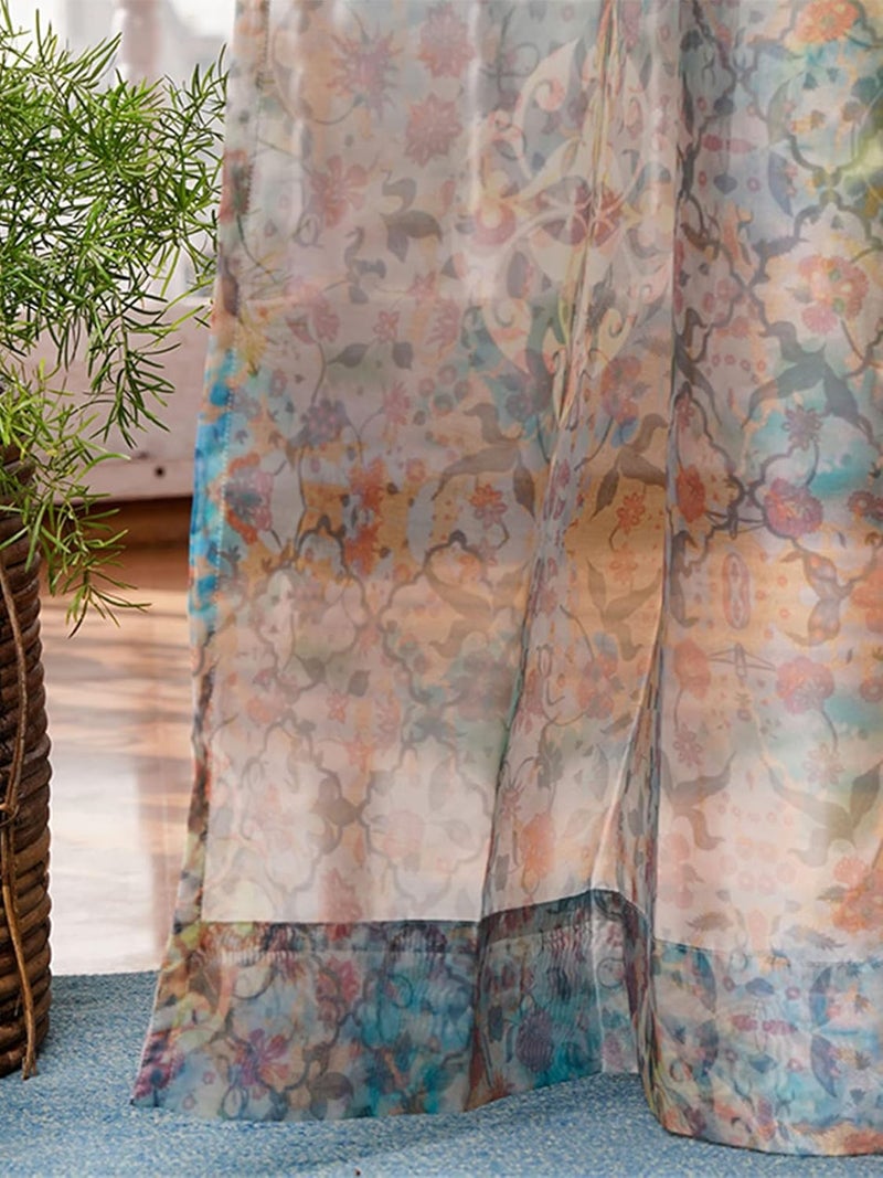 ZEBA World Transparent Organza Sheer Curtain for Door | Bedroom and Living Room | Soft and Light Weight | Printed Floral Abstract in Multicolor - 50x90 inches (7.5feet Long) (Pack of 1) - Image 1