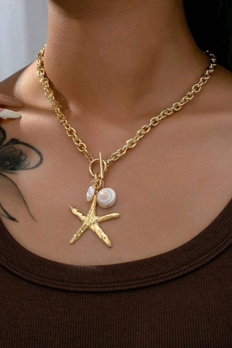 شي إن قلادة سلسلة من قطعة واحدة على شكل نجمة البحر ومحارة وديكور - Image 1