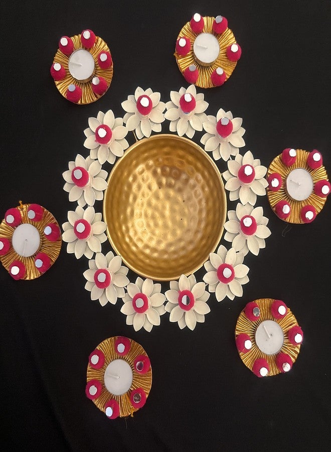 Agaas Enterprises Beautiful Metal Lotus urli/Urili for FloatingWith Pom Pom Tealight Candle Holder Diya Set Diwali Festival Wedding Decor Corporate Gift Home Decor Gift Item Set of 7 pics - Image 1