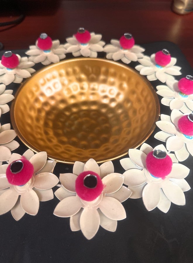 Agaas Enterprises Beautiful Metal Lotus urli/Urili for FloatingWith Pom Pom Tealight Candle Holder Diya Set Diwali Festival Wedding Decor Corporate Gift Home Decor Gift Item Set of 7 pics - Image 3
