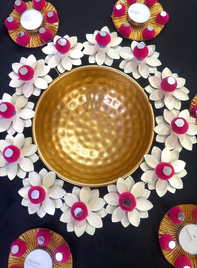 Agaas Enterprises Beautiful Metal Lotus urli/Urili for FloatingWith Pom Pom Tealight Candle Holder Diya Set Diwali Festival Wedding Decor Corporate Gift Home Decor Gift Item Set of 7 pics - Image 2