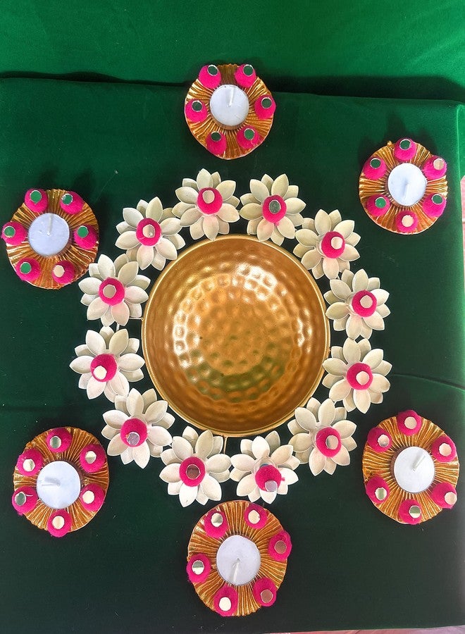 Agaas Enterprises Beautiful Metal Lotus urli/Urili for FloatingWith Pom Pom Tealight Candle Holder Diya Set Diwali Festival Wedding Decor Corporate Gift Home Decor Gift Item Set of 7 pics - Image 4